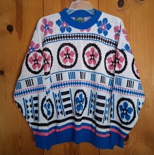 Vintage Cabin Creek Knit Floral Crew Neck Sweater - Blue, Pink, White